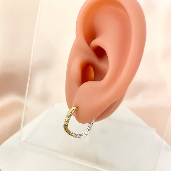 925 Sterling Silver Two Tone Earrings Gold & Silver Hoops Geometric Earrings - Picture 4 of 5